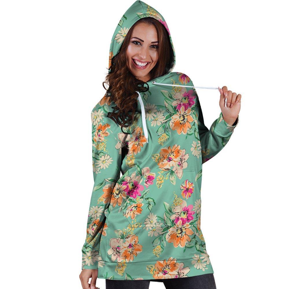 Vintage Pastel Floral Print Hoodie Dress-grizzshop