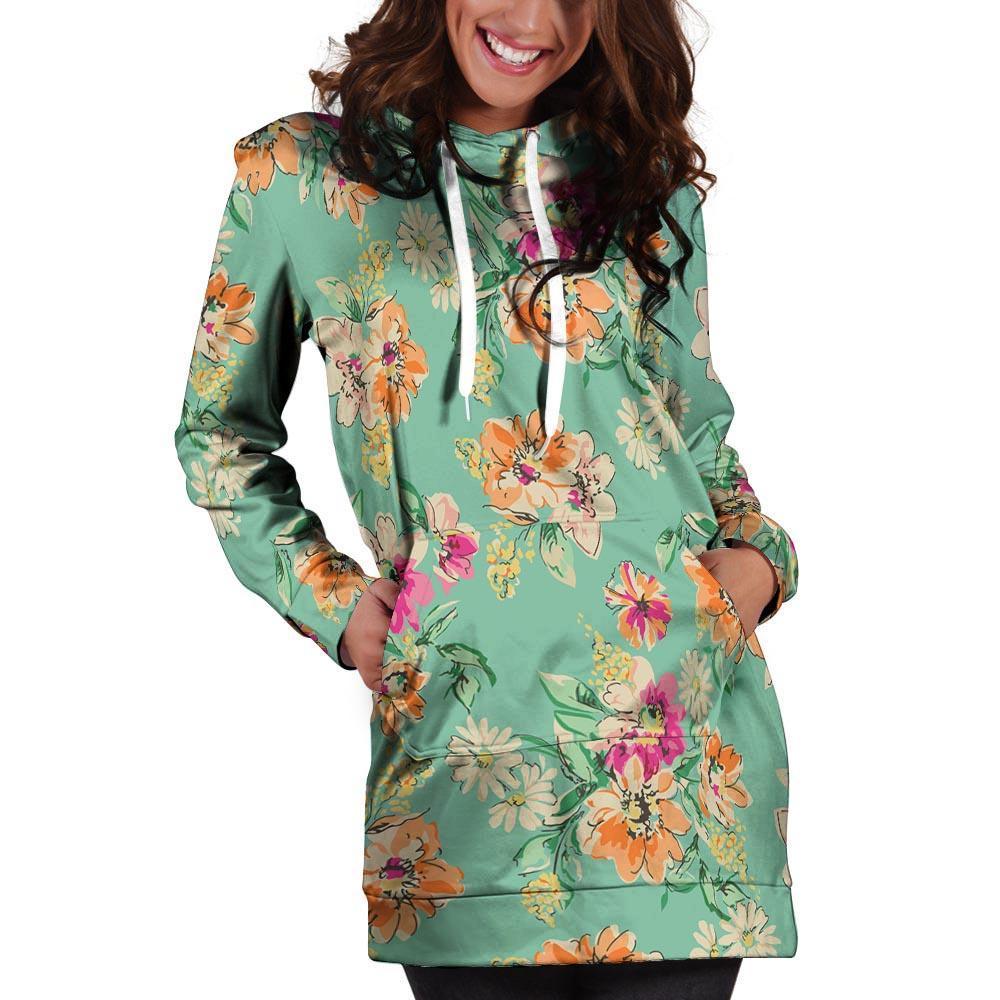 Vintage Pastel Floral Print Hoodie Dress-grizzshop