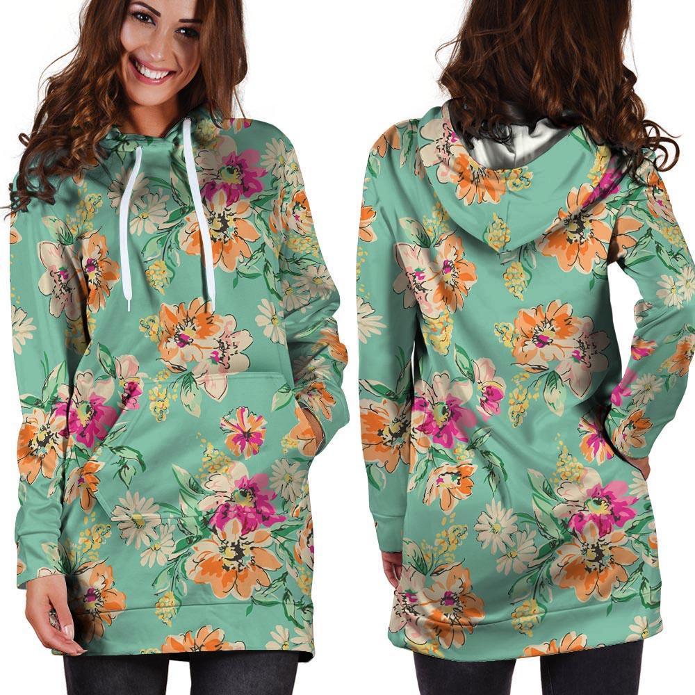 Vintage Pastel Floral Print Hoodie Dress-grizzshop