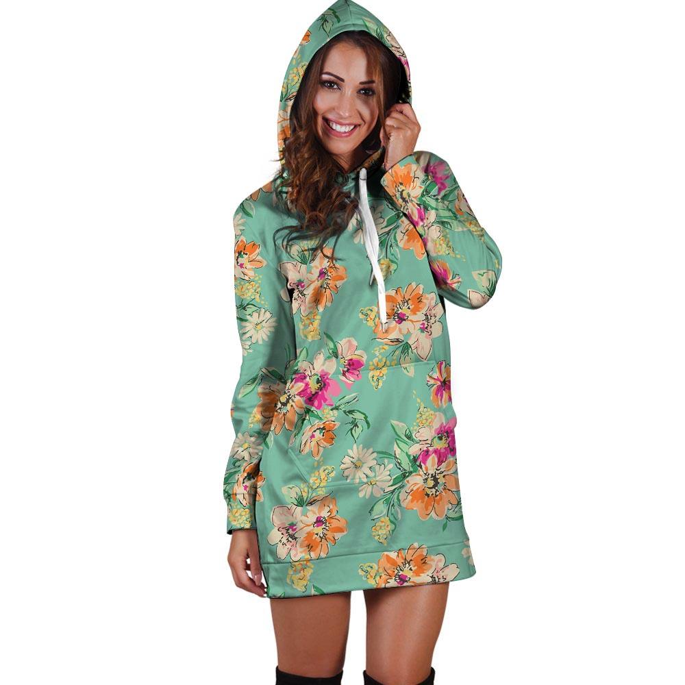 Vintage Pastel Floral Print Hoodie Dress-grizzshop