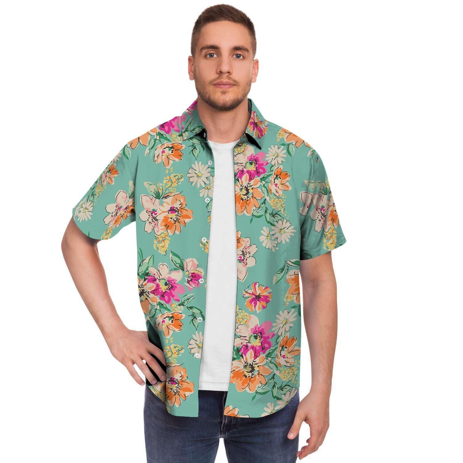 Vintage Pastel Floral Print Men's Short Sleeve Shirt-grizzshop