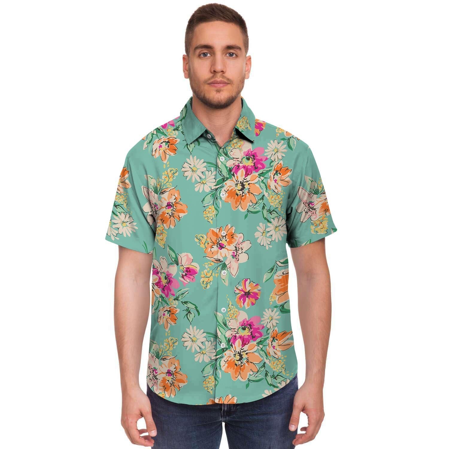 Vintage Pastel Floral Print Men's Short Sleeve Shirt-grizzshop