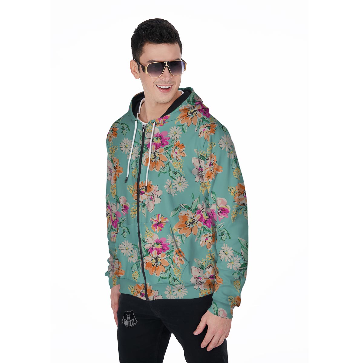 Vintage Pastel Floral Print Men's Zip Up Hoodie-grizzshop