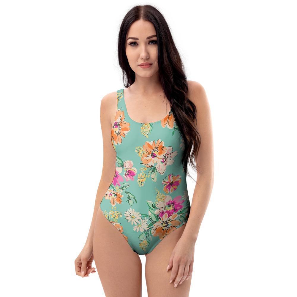 Vintage Pastel Floral Print One Piece Swimsuite-grizzshop