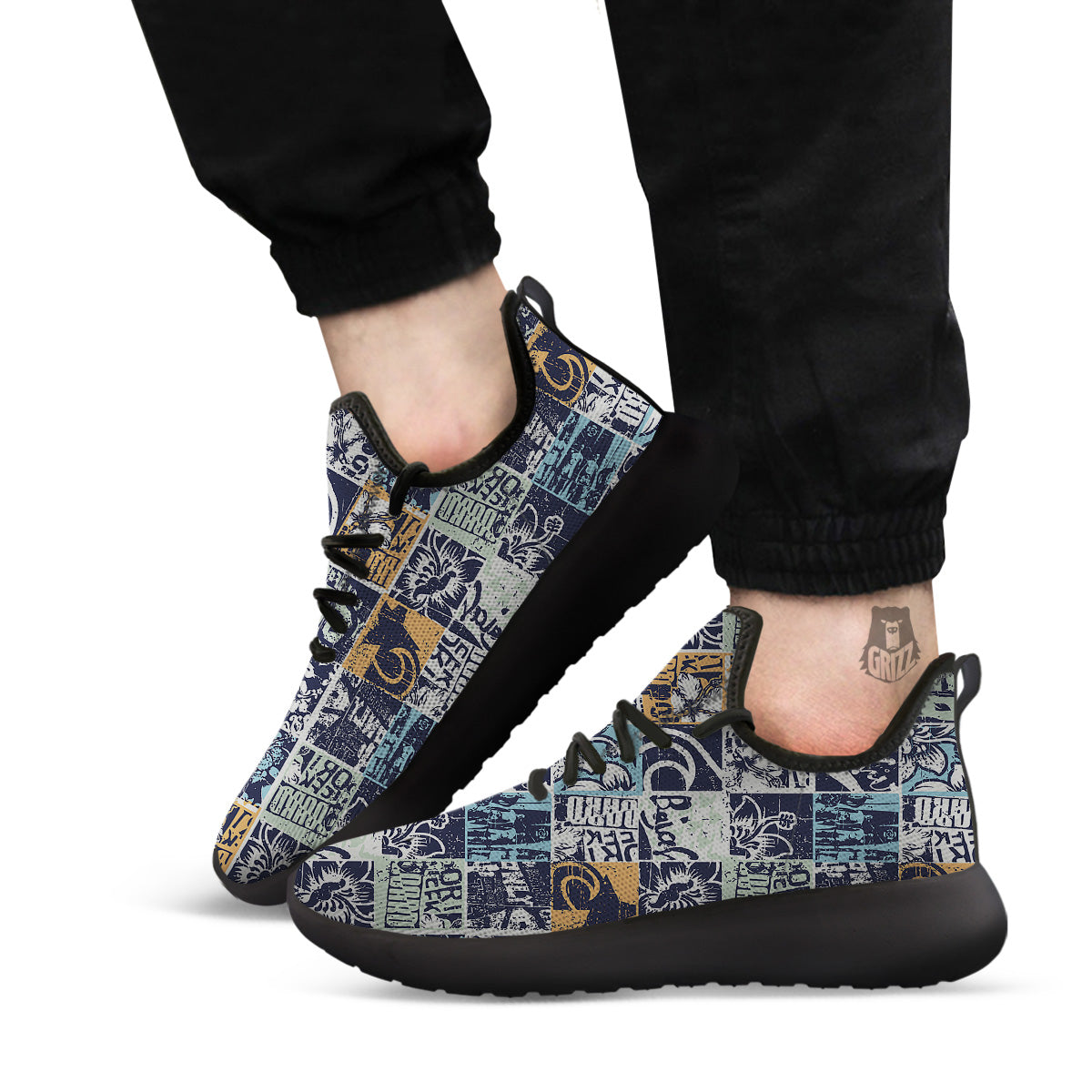 Vintage Patchwork Surfing Print Pattern Black Athletic Shoes-grizzshop