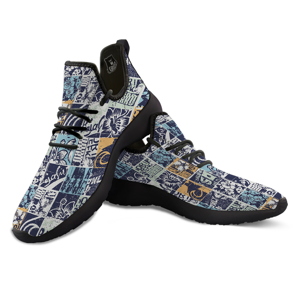 Vintage Patchwork Surfing Print Pattern Black Athletic Shoes-grizzshop