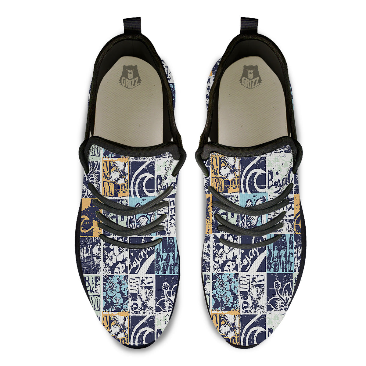 Vintage Patchwork Surfing Print Pattern Black Athletic Shoes-grizzshop