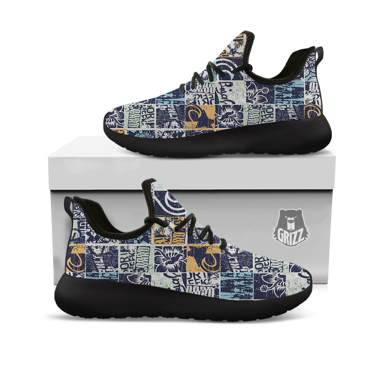 Vintage Patchwork Surfing Print Pattern Black Athletic Shoes-grizzshop