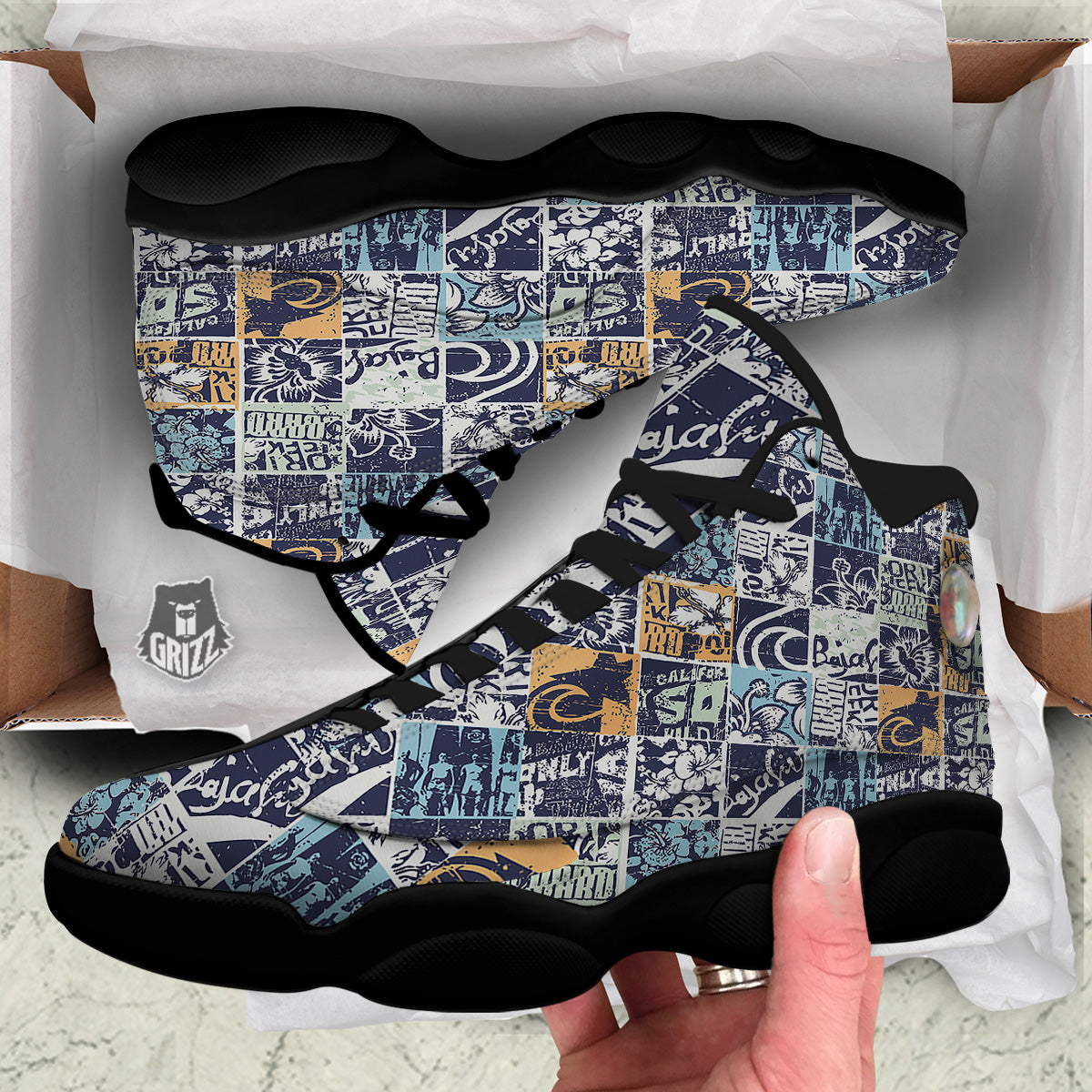 Vintage Patchwork Surfing Print Pattern Black Basketball Shoes-grizzshop