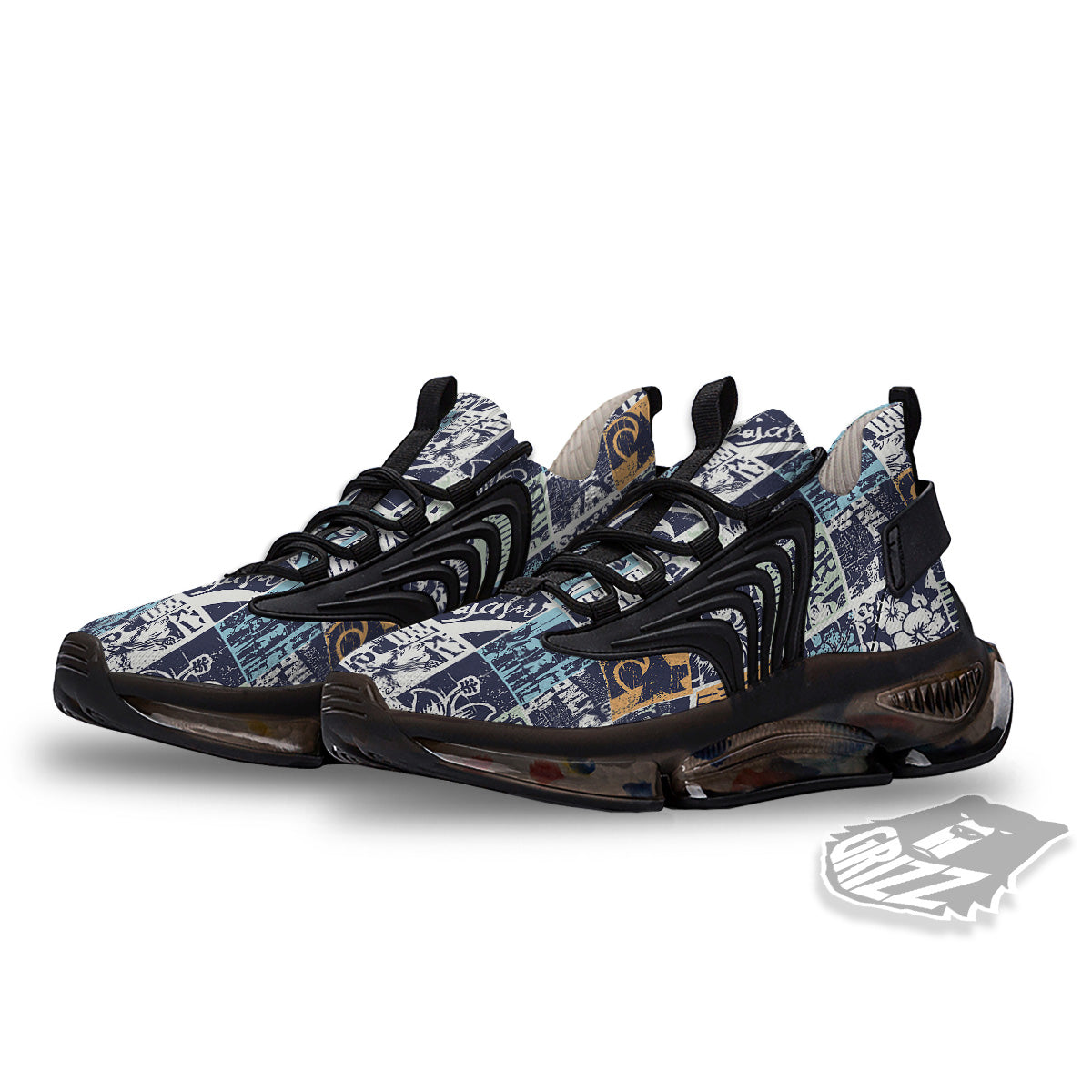 Vintage Patchwork Surfing Print Pattern Black Gym Shoes-grizzshop