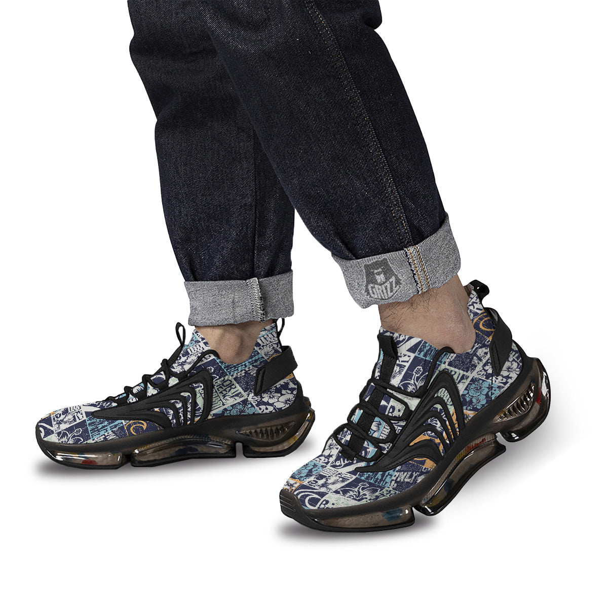 Vintage Patchwork Surfing Print Pattern Black Gym Shoes-grizzshop