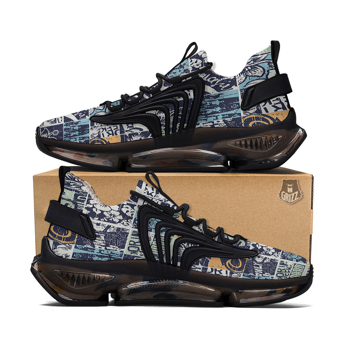 Vintage Patchwork Surfing Print Pattern Black Gym Shoes-grizzshop
