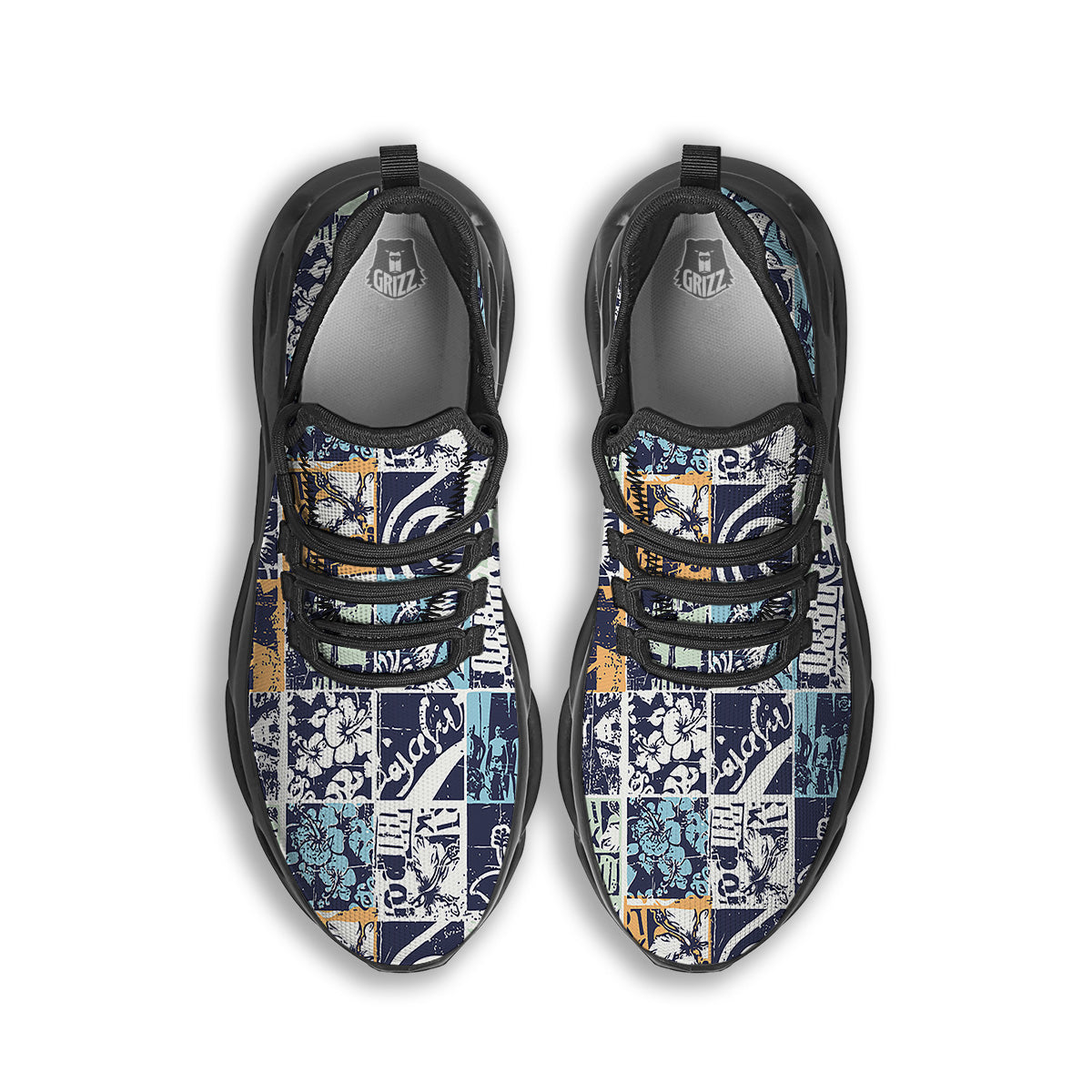 Vintage Patchwork Surfing Print Pattern Black Running Shoes-grizzshop