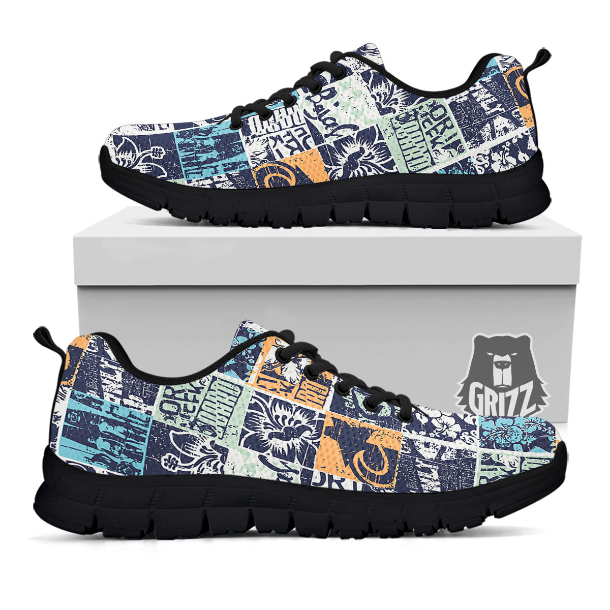 Vintage Patchwork Surfing Print Pattern Black Sneaker-grizzshop