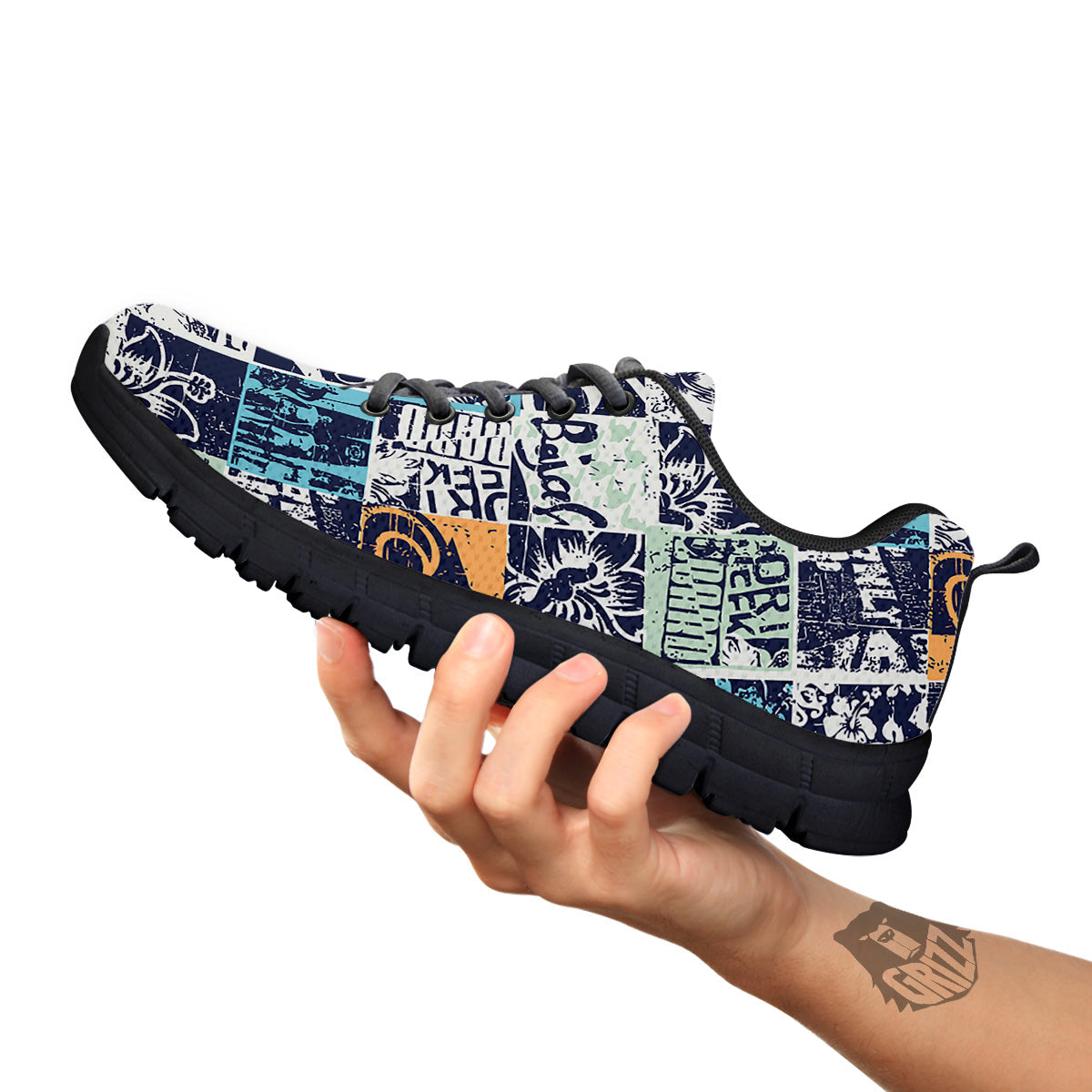Vintage Patchwork Surfing Print Pattern Black Sneaker-grizzshop