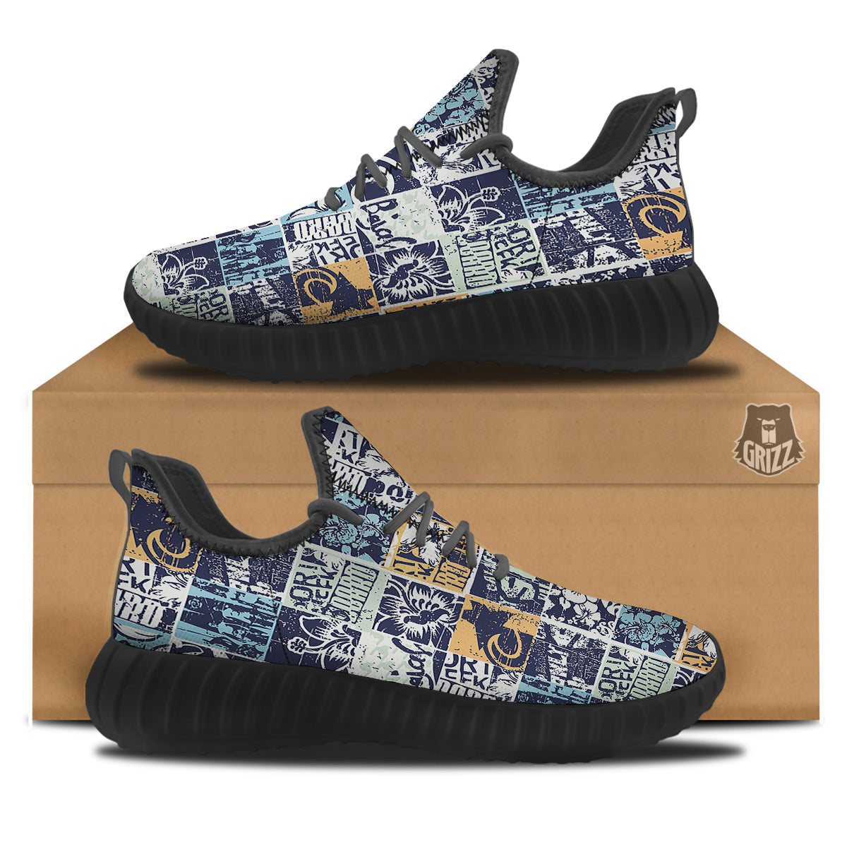 Vintage Patchwork Surfing Print Pattern Black Walking Shoes-grizzshop