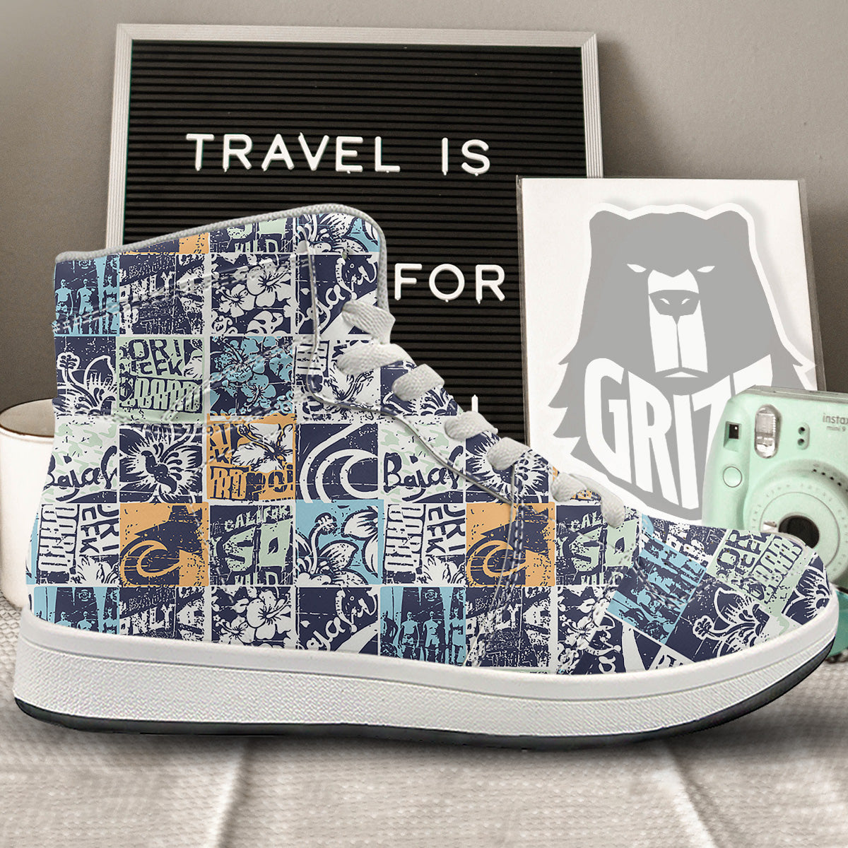 Vintage Patchwork Surfing Print Pattern High Top Sneakers-grizzshop