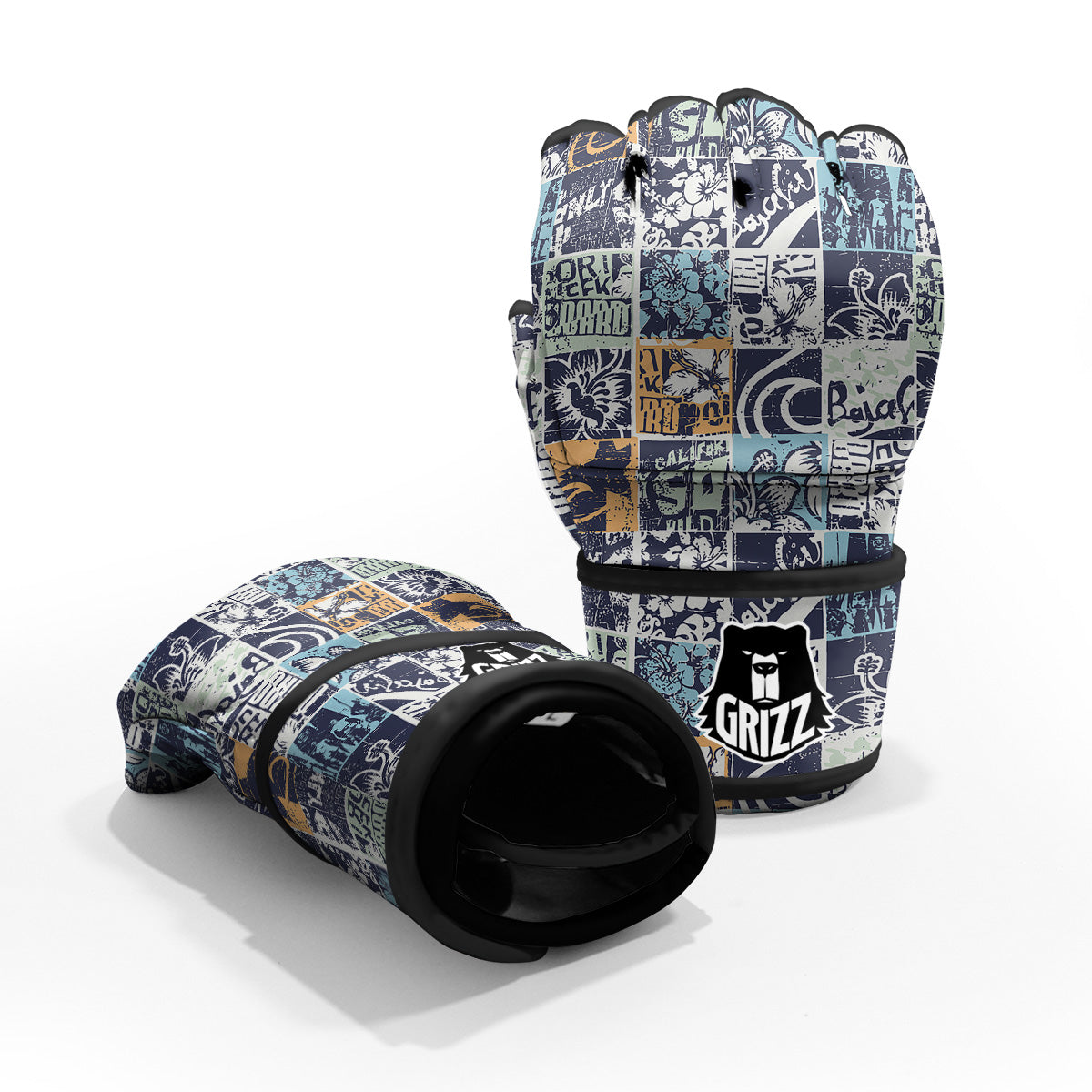 Vintage Patchwork Surfing Print Pattern MMA Gloves-grizzshop