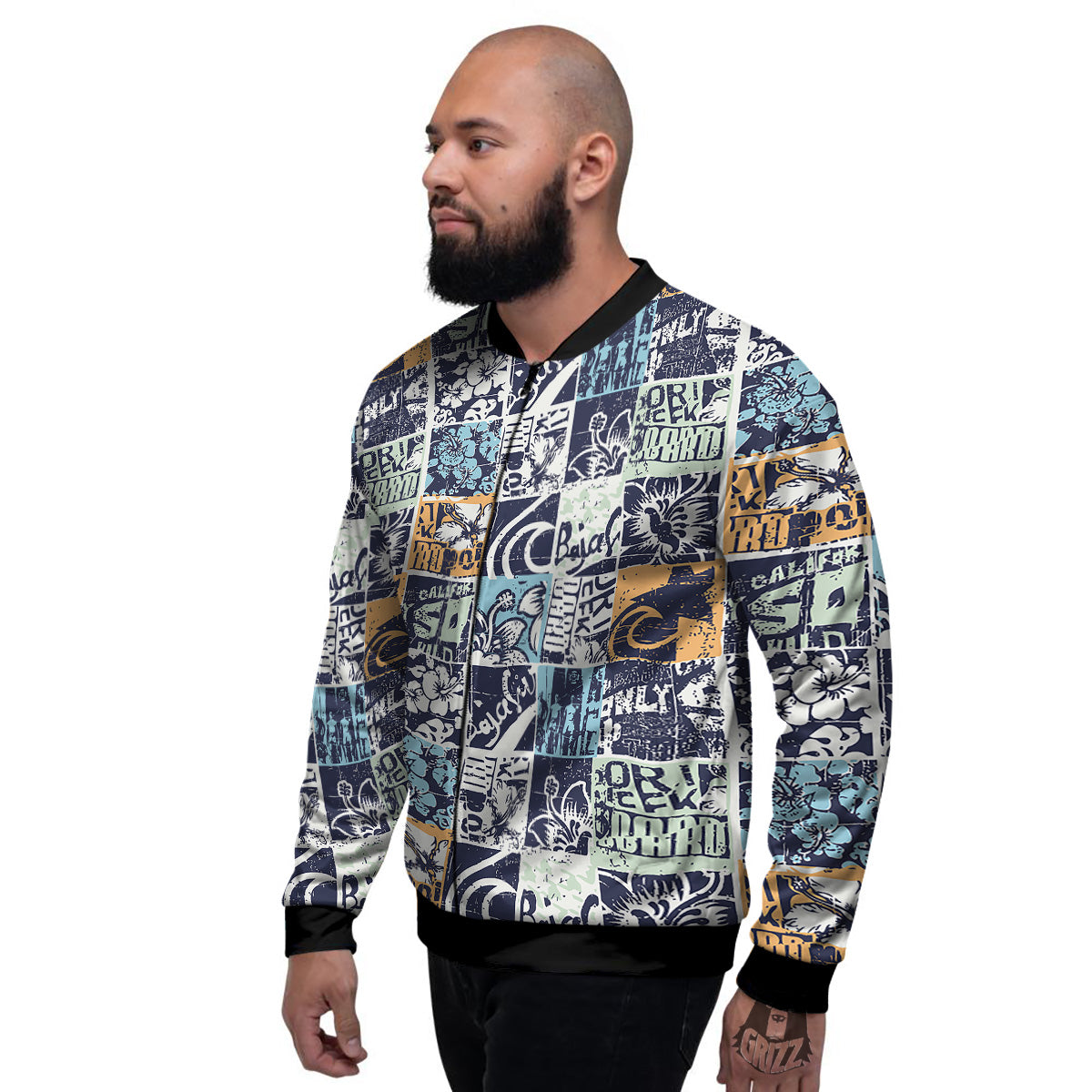 Vintage Patchwork Surfing Print Pattern Men's Bomber Jacket-grizzshop