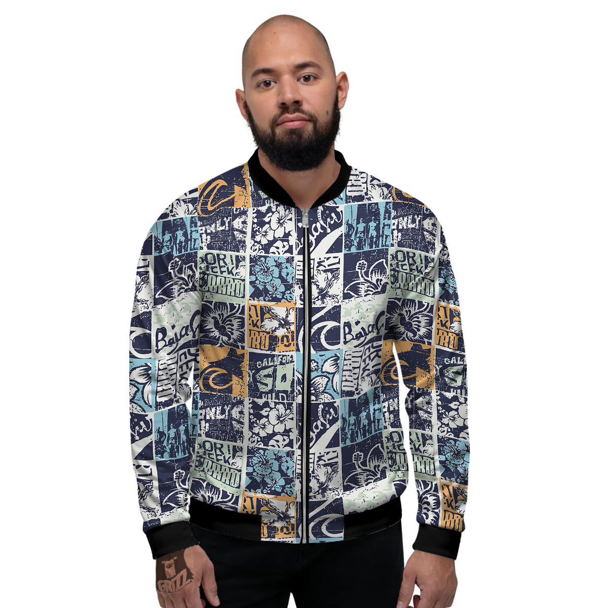 Vintage Patchwork Surfing Print Pattern Men's Bomber Jacket-grizzshop
