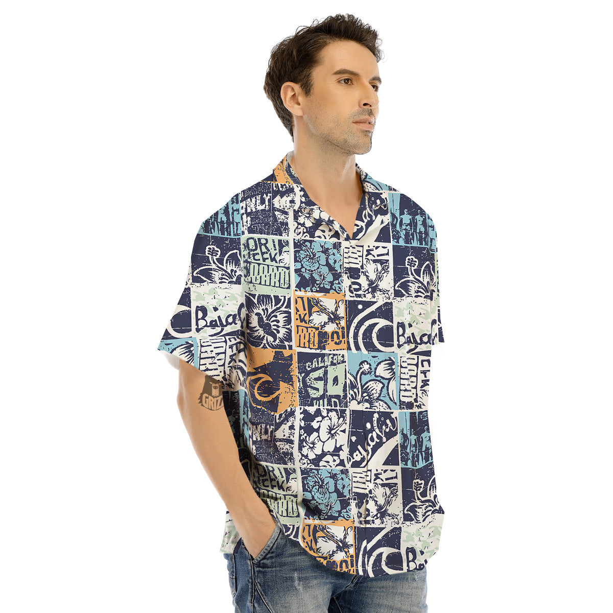 Vintage Patchwork Surfing Print Pattern Men's Hawaiian Shirt-grizzshop
