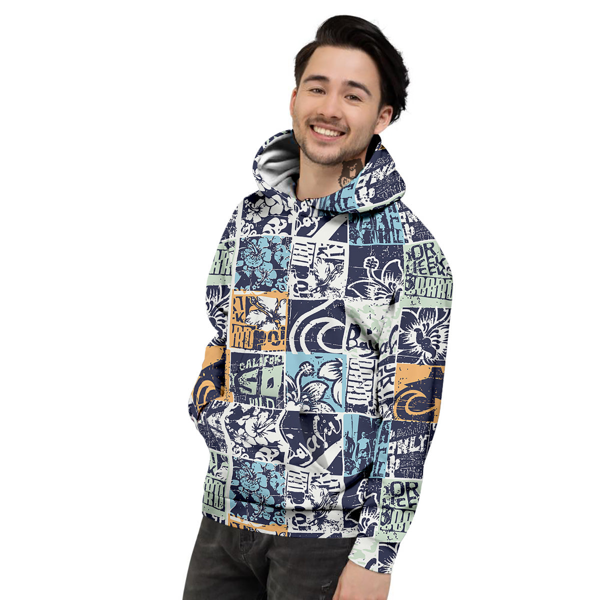 Vintage Patchwork Surfing Print Pattern Men's Hoodie-grizzshop