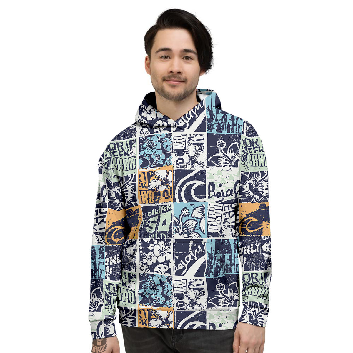 Vintage Patchwork Surfing Print Pattern Men's Hoodie-grizzshop
