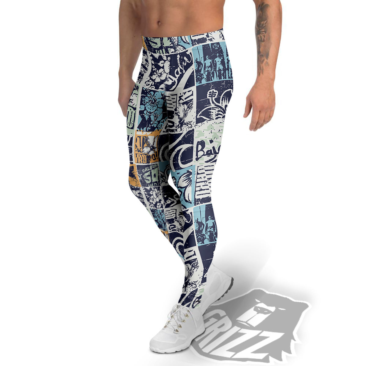 Vintage Patchwork Surfing Print Pattern Men's Leggings-grizzshop