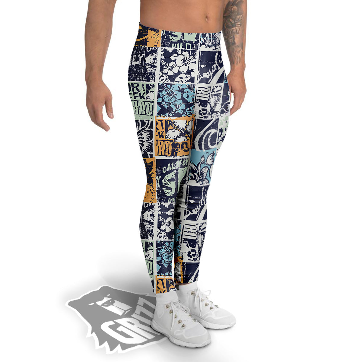 Vintage Patchwork Surfing Print Pattern Men's Leggings-grizzshop