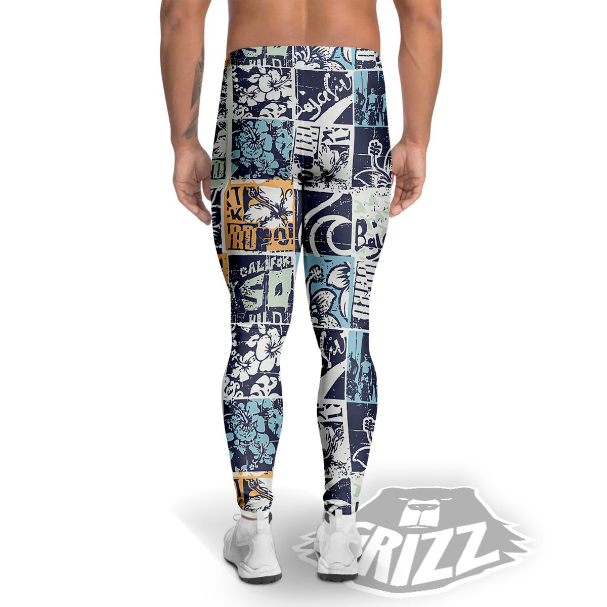 Vintage Patchwork Surfing Print Pattern Men's Leggings-grizzshop