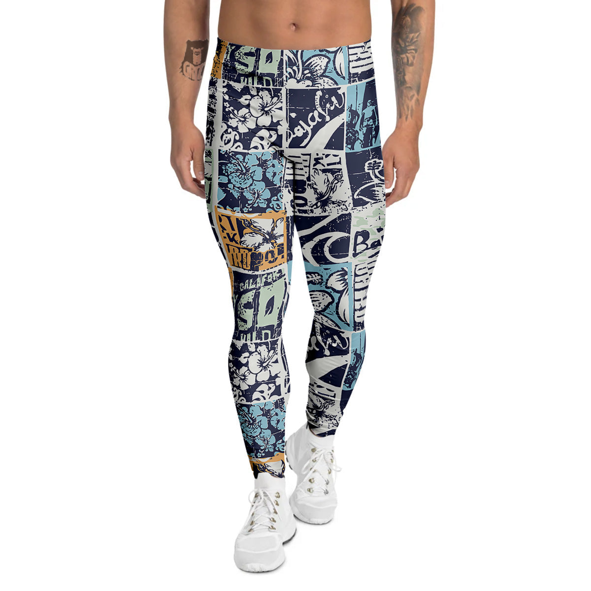 Vintage Patchwork Surfing Print Pattern Men's Leggings-grizzshop
