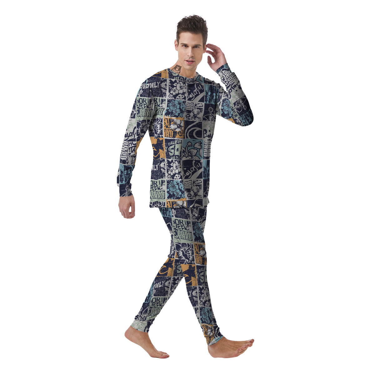 Vintage Patchwork Surfing Print Pattern Men's Pajamas-grizzshop