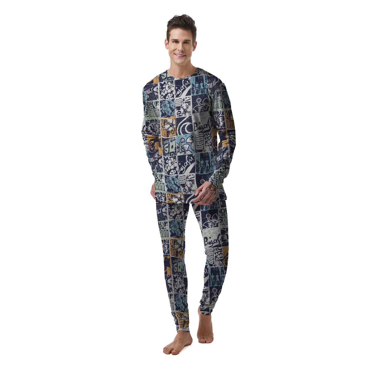 Vintage Patchwork Surfing Print Pattern Men's Pajamas-grizzshop