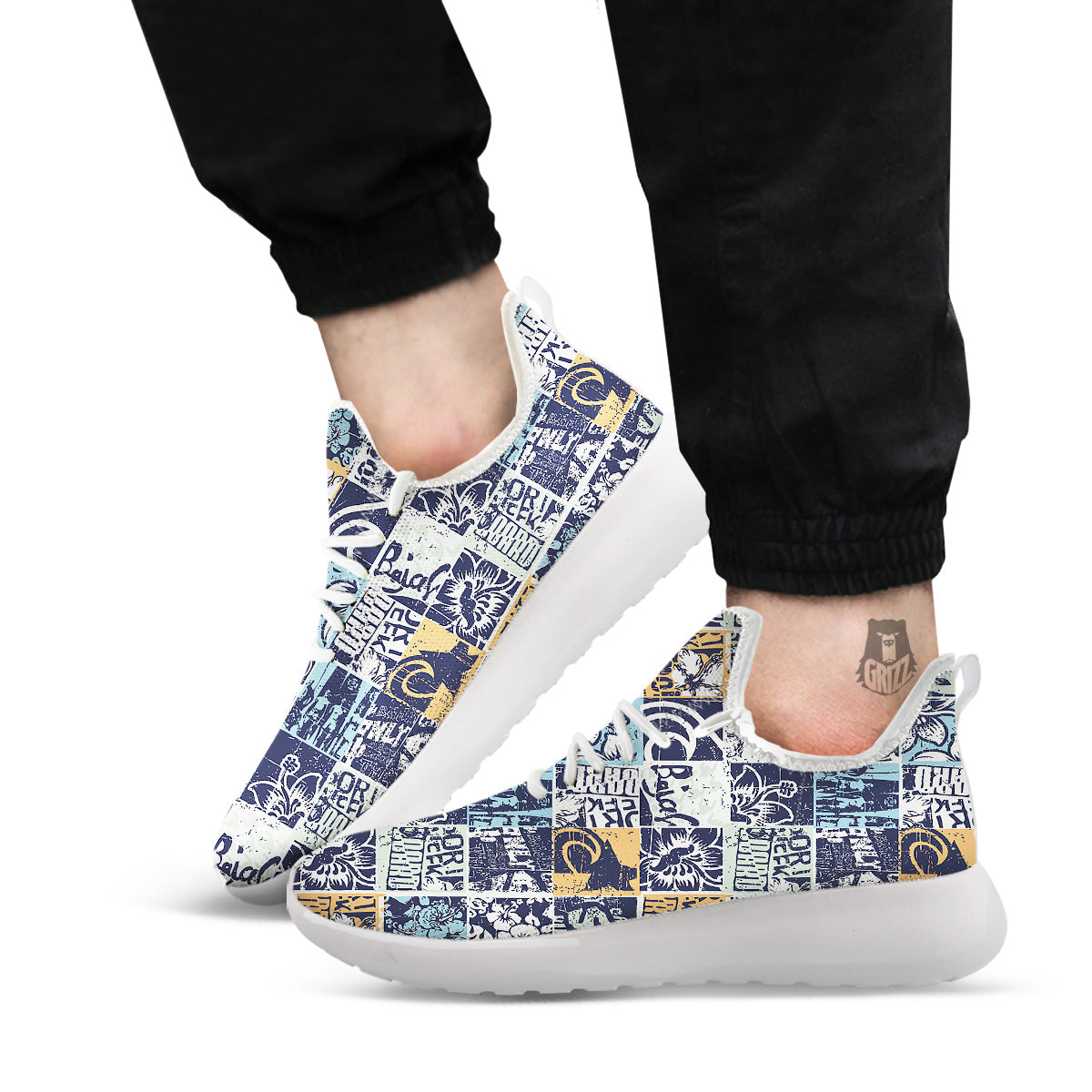 Vintage Patchwork Surfing Print Pattern White Athletic Shoes-grizzshop