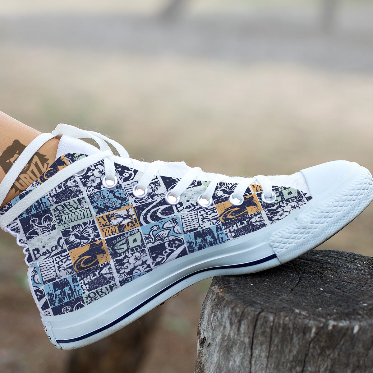 Vintage Patchwork Surfing Print Pattern White High Top Shoes-grizzshop