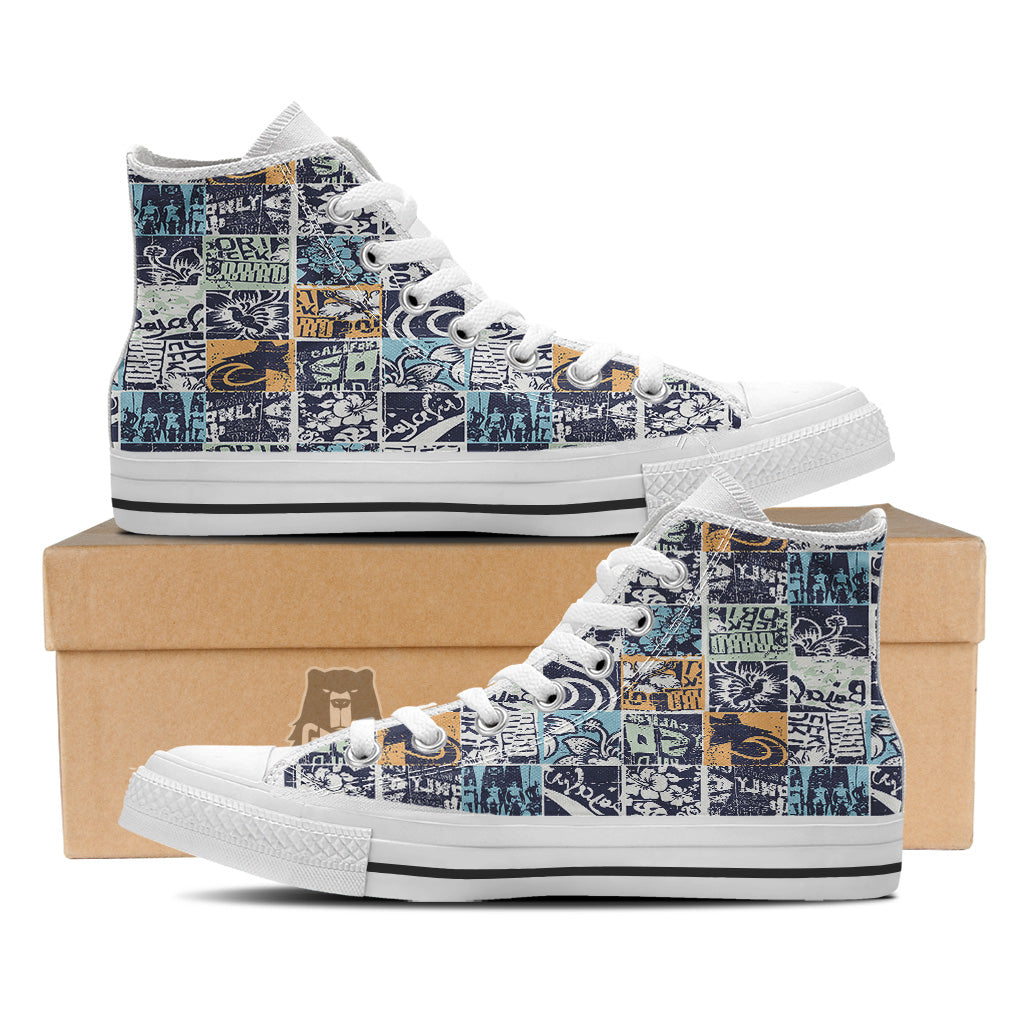 Vintage Patchwork Surfing Print Pattern White High Top Shoes-grizzshop