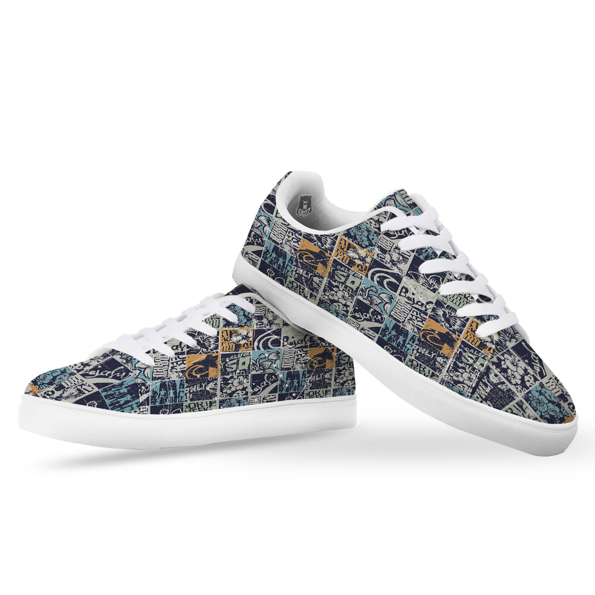 Vintage Patchwork Surfing Print Pattern White Low Top Sneakers-grizzshop