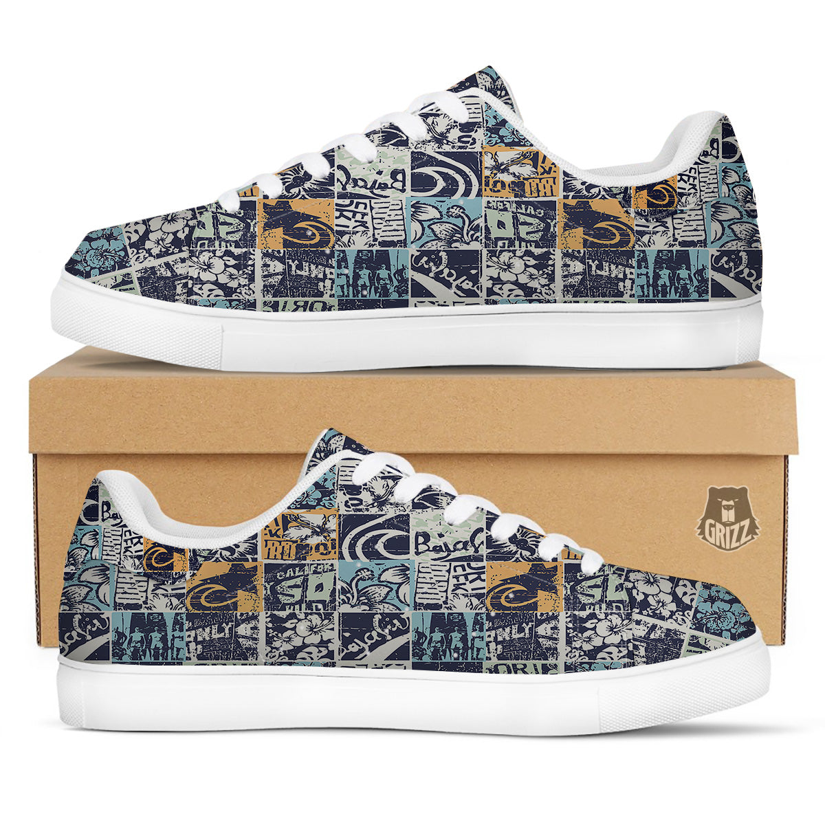 Vintage Patchwork Surfing Print Pattern White Low Top Sneakers-grizzshop