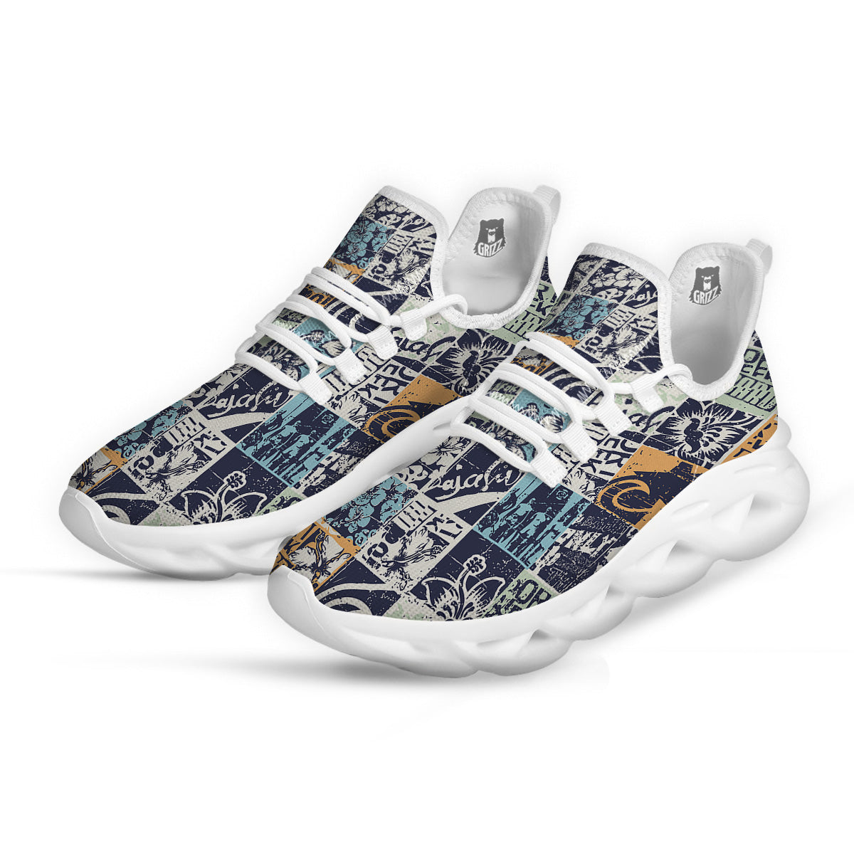 Vintage Patchwork Surfing Print Pattern White Running Shoes-grizzshop