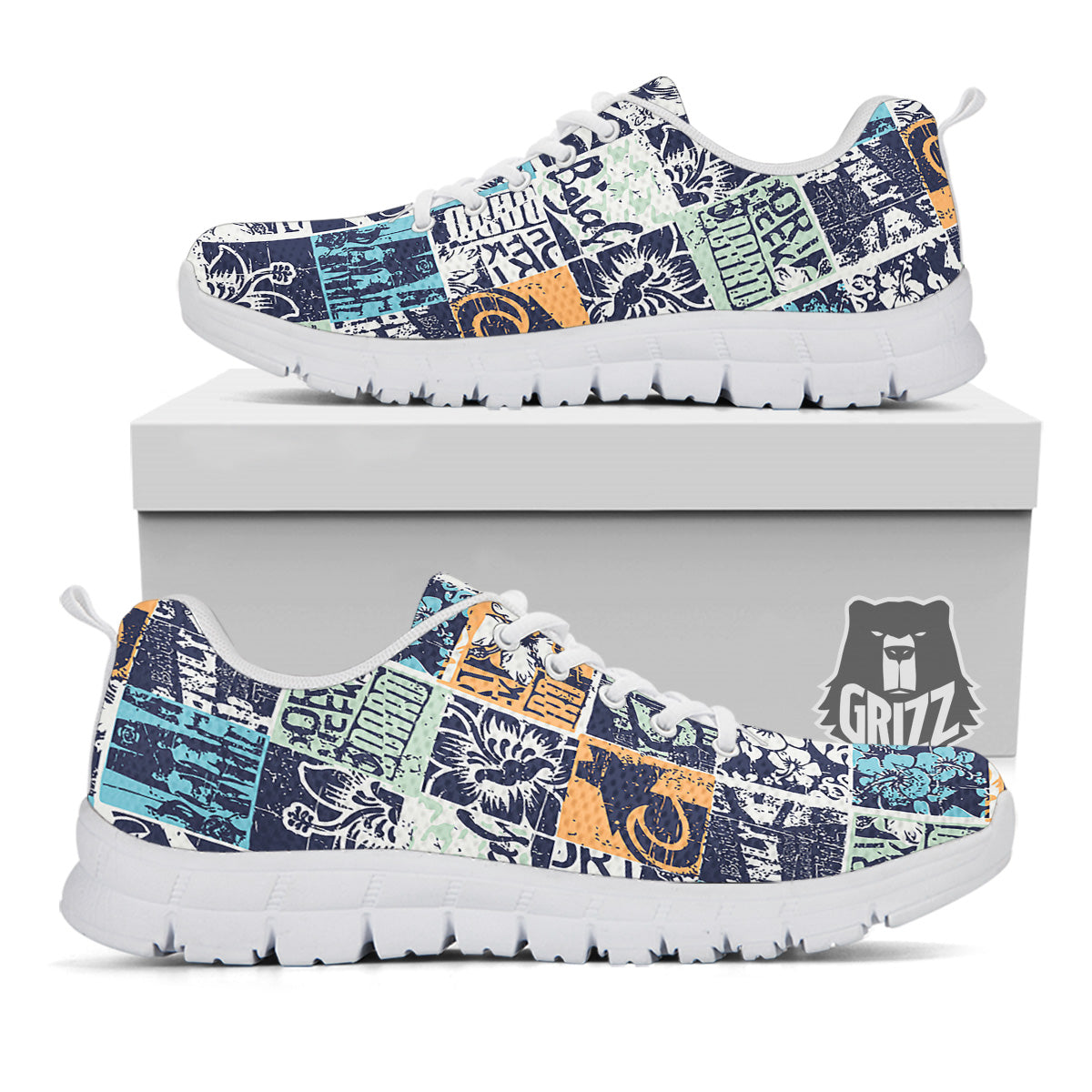 Vintage Patchwork Surfing Print Pattern White Sneaker-grizzshop