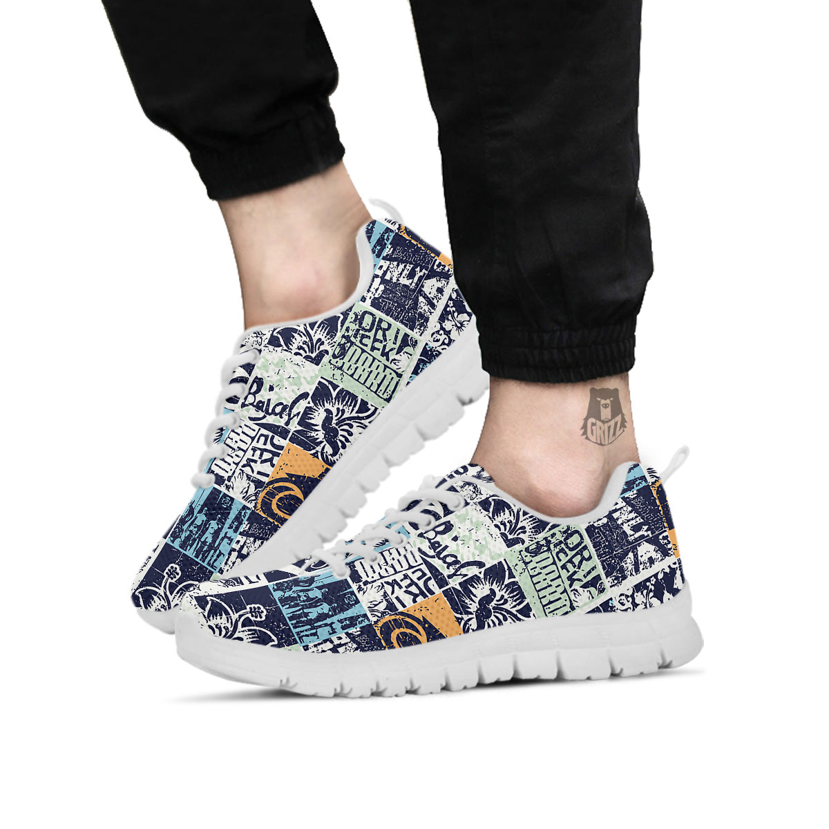 Vintage Patchwork Surfing Print Pattern White Sneaker-grizzshop