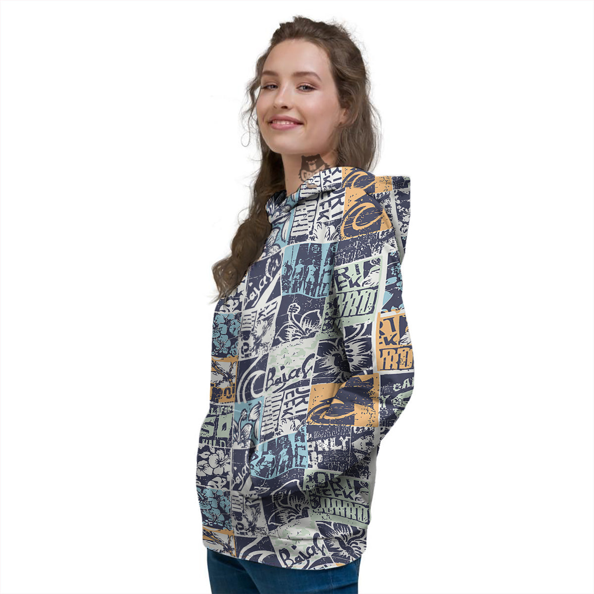 Vintage Patchwork Surfing Print Pattern Women's Hoodie-grizzshop
