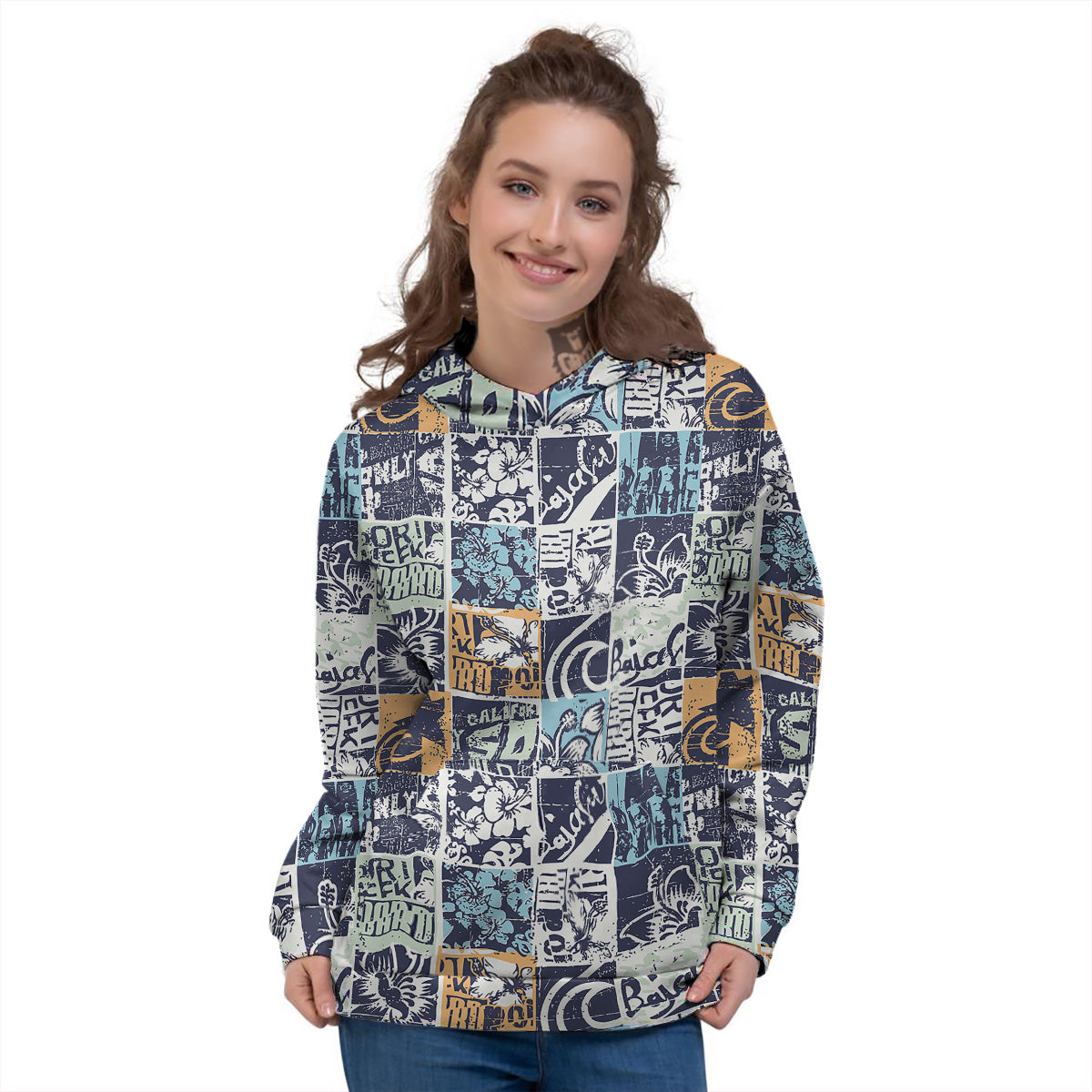 Vintage Patchwork Surfing Print Pattern Women's Hoodie-grizzshop