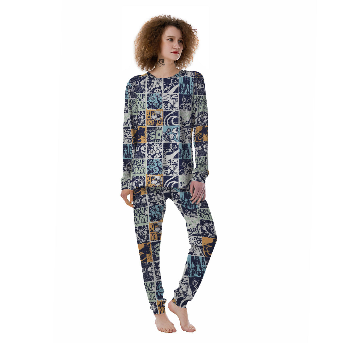 Vintage Patchwork Surfing Print Pattern Women's Pajamas-grizzshop