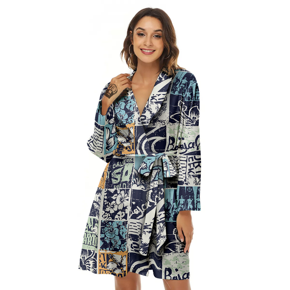 Vintage Patchwork Surfing Print Pattern Women's Robe-grizzshop