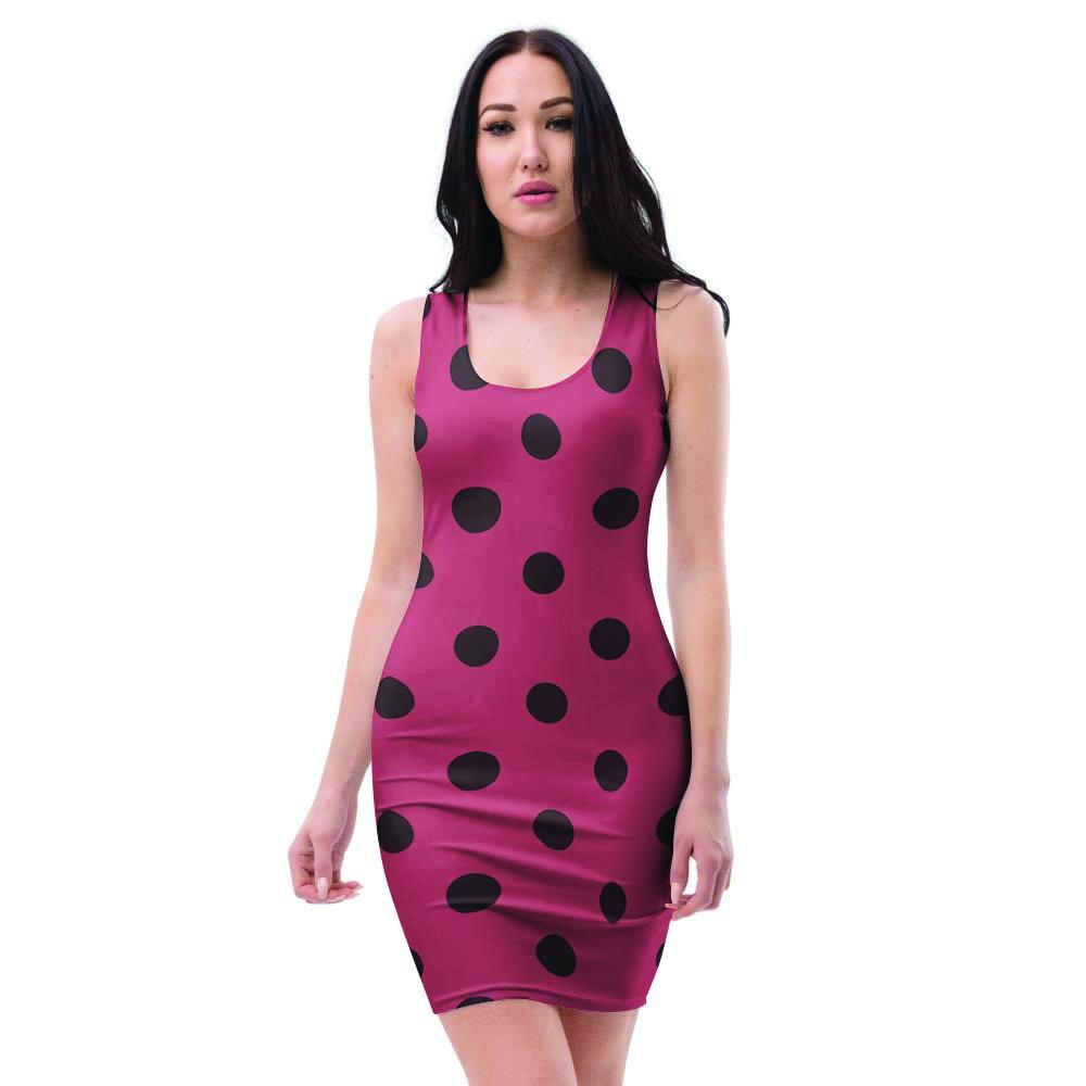 Vintage Pink And Black Polka Dot Bodycon Dress-grizzshop