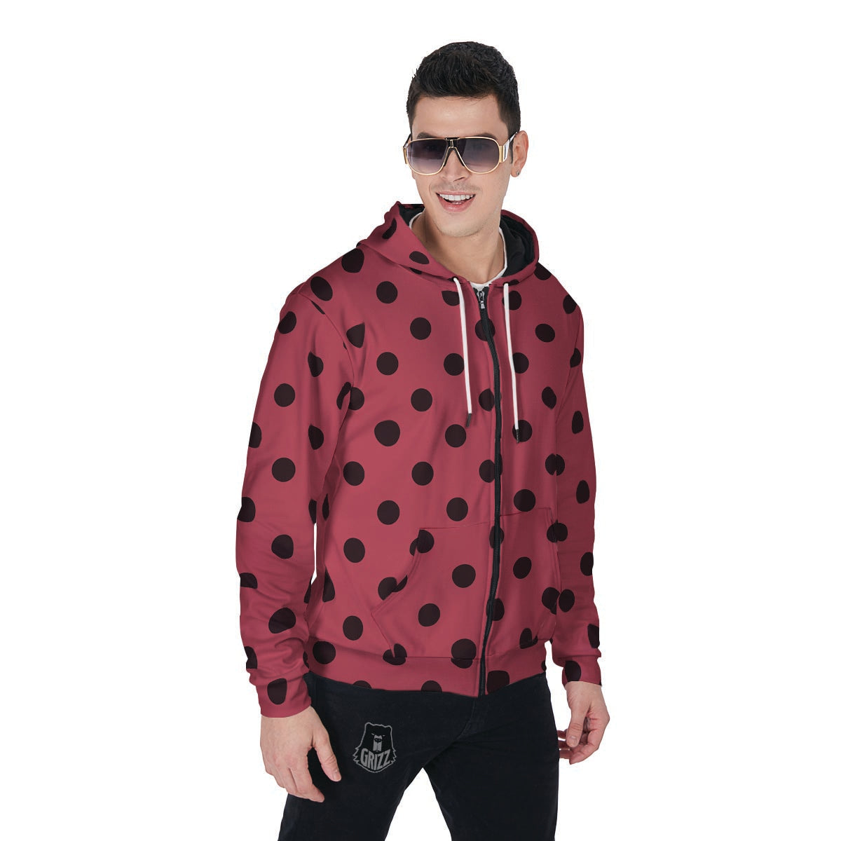 Vintage Pink And Black Polka Dot Men's Zip Up Hoodie-grizzshop