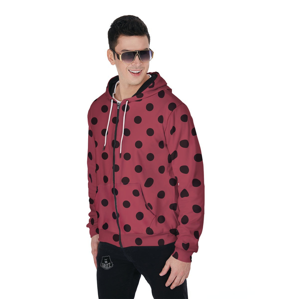 Vintage Pink And Black Polka Dot Men's Zip Up Hoodie-grizzshop