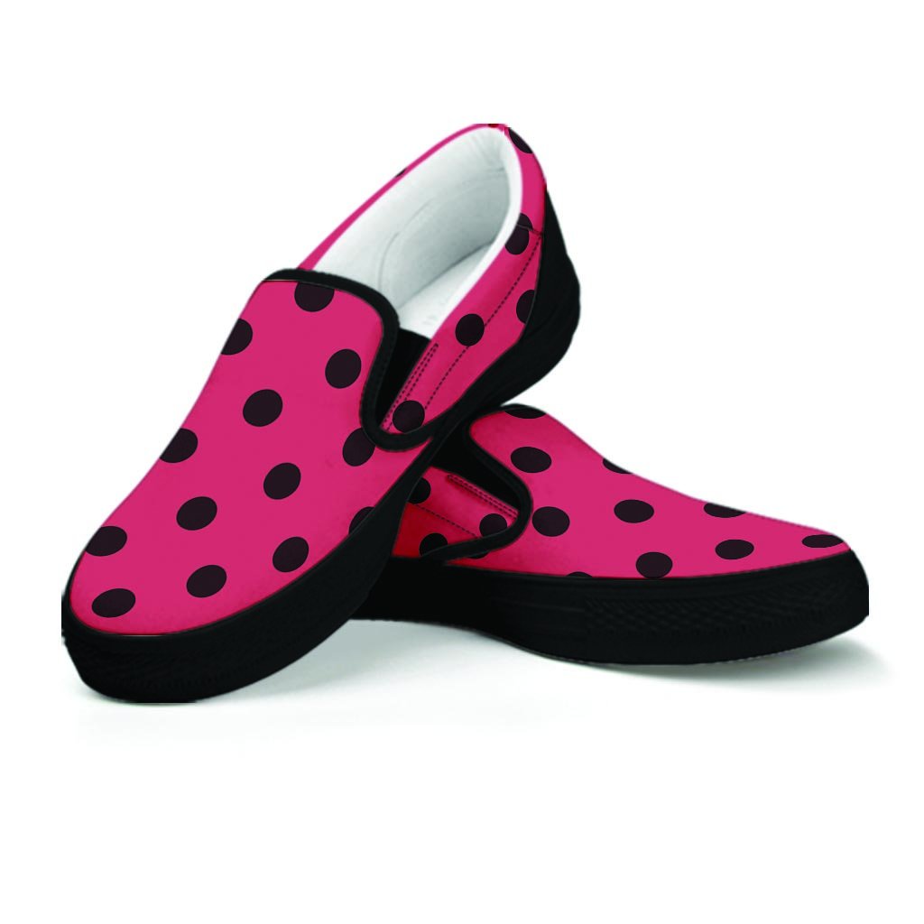 Vintage Pink And Black Polka Dot Women's Slip On Sneakers-grizzshop