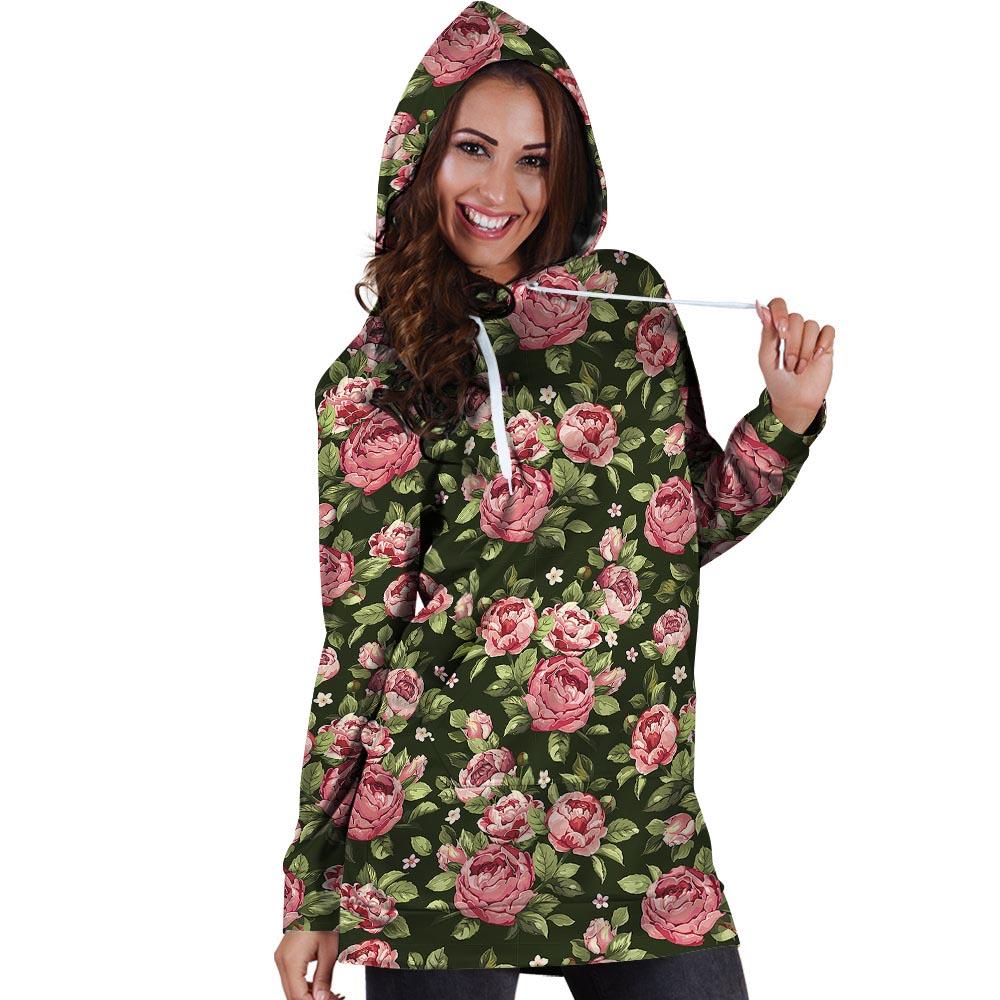Vintage Pink Rose Floral Print Hoodie Dress-grizzshop